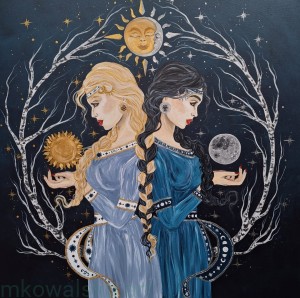 Obraz oryginalny Słowiańscy Bogowie: Białobóg i Czernobóg, 90x90cm, 2023