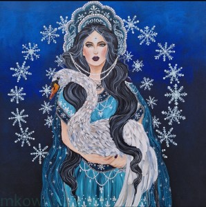 Obraz oryginalny Słowiańscy Bogowie: Marzanna z łabędziem, bogini zimy, 80x80cm, 2024