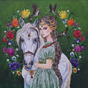 Obraz oryginalny Słowiańscy Bogowie: Vesna południowobałkańska bogini wiosny, 90x90cm, 2024