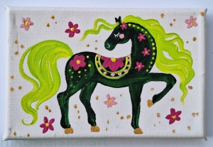 Obraz oryginalny Folkowy Konik Zielony lewy 15x10cm 2024