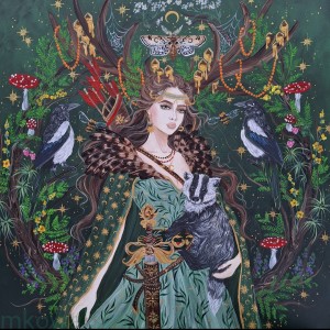 Obraz oryginalny Słowiańscy Bogowie: Dziewanna z borsukiem 90x90cm 2025