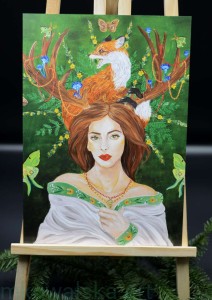 Plakat A4 - Dziewanna z lisem, Diana, Artemida, Bogini dzikiej przyrody, lasów, polowań i księżyca